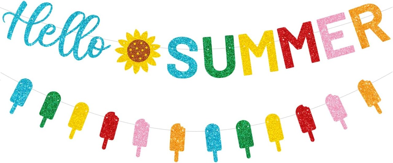 Glitter “Hello Summer” Banner – Sunflower and Colorful Popsicle Garland for Summer, Birthday Parties, Fireplace Mantle, and Party Decoration Supplies